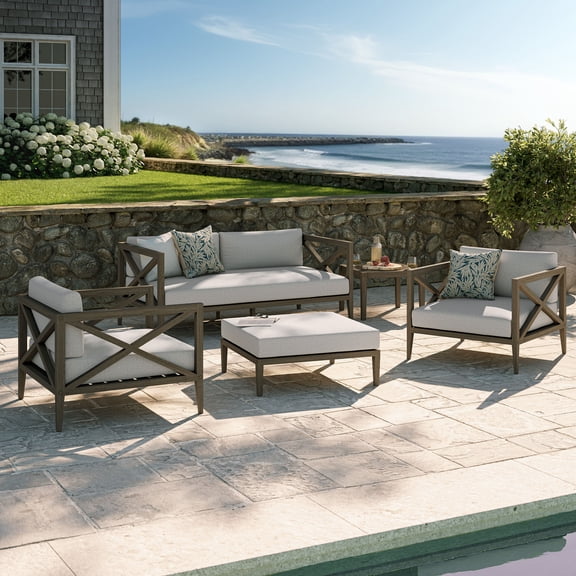 Modway Northlake 5-Piece Outdoor Teak Wood Furniture Set in Pebble