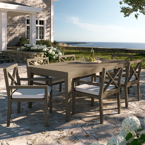 Modway Northlake 7-Piece Outdoor Patio Teak Wood Dining Set in Weathered Gray White