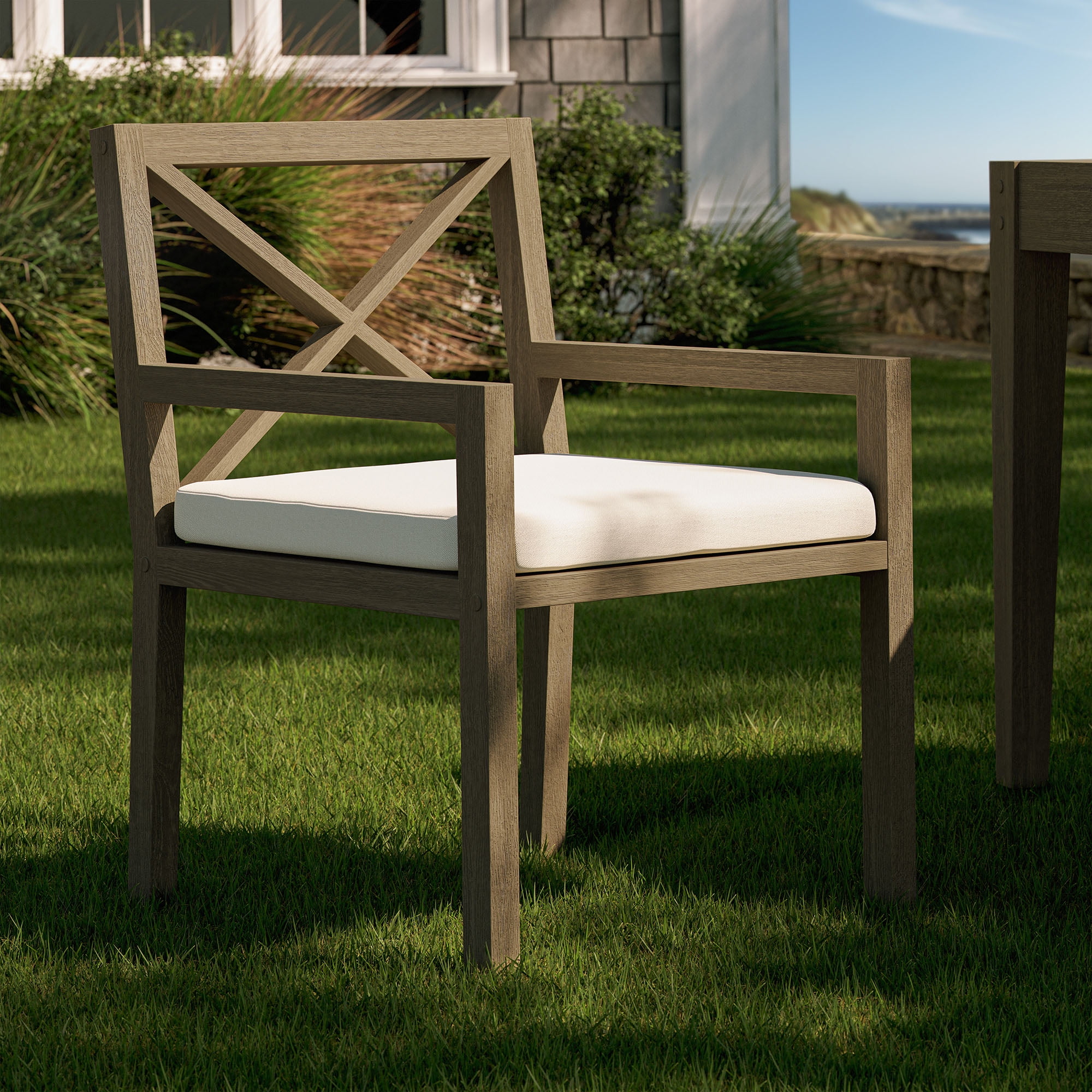 Northlake Outdoor Patio Teak Dining Armchair in Weathered Gray White