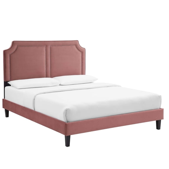 Twin Bed Nailhead Trim Dusty Pink Velvet Tapered Wood Legs