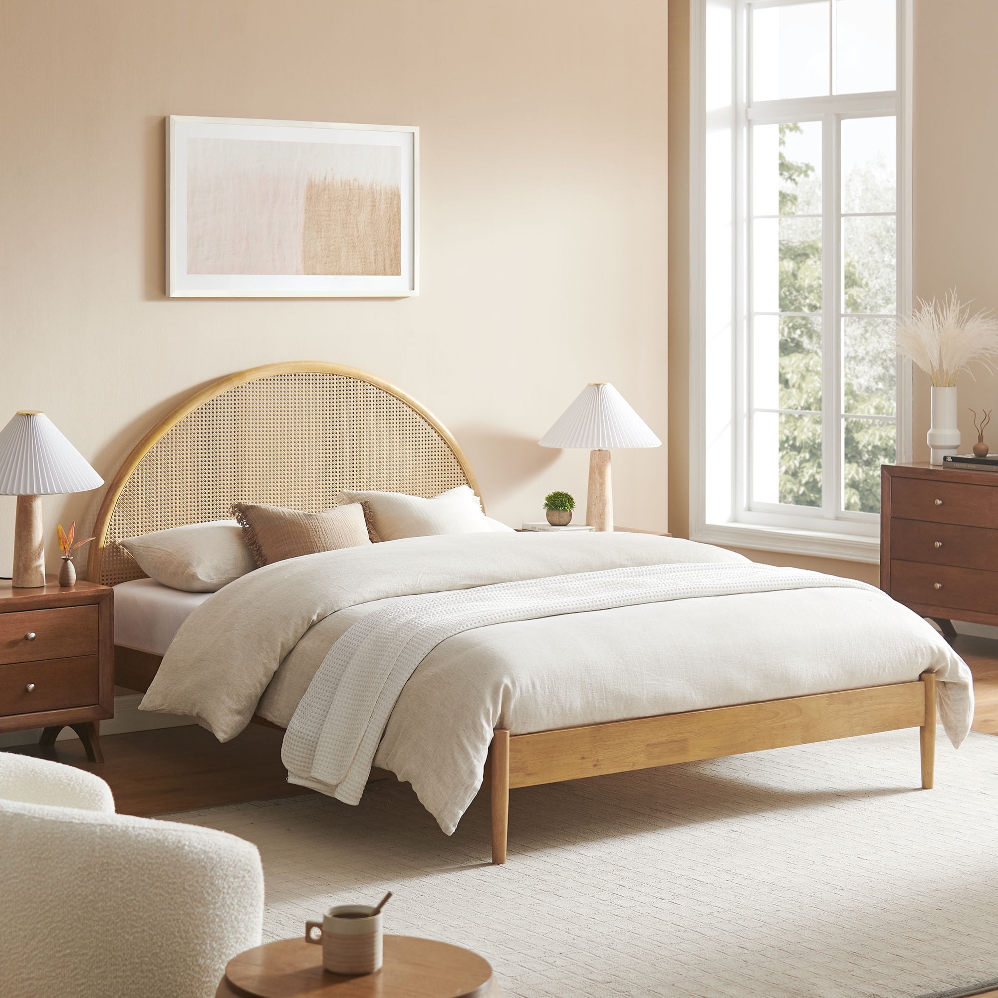 Odette Queen Oak Wood Platform Bed with Rattan Cane Headboard