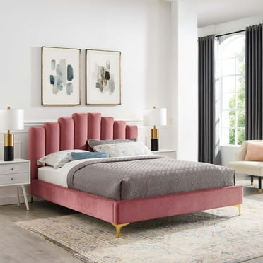 Modway Olivia Queen Performance Velvet Polyester Platform Bed in Dusty Rose