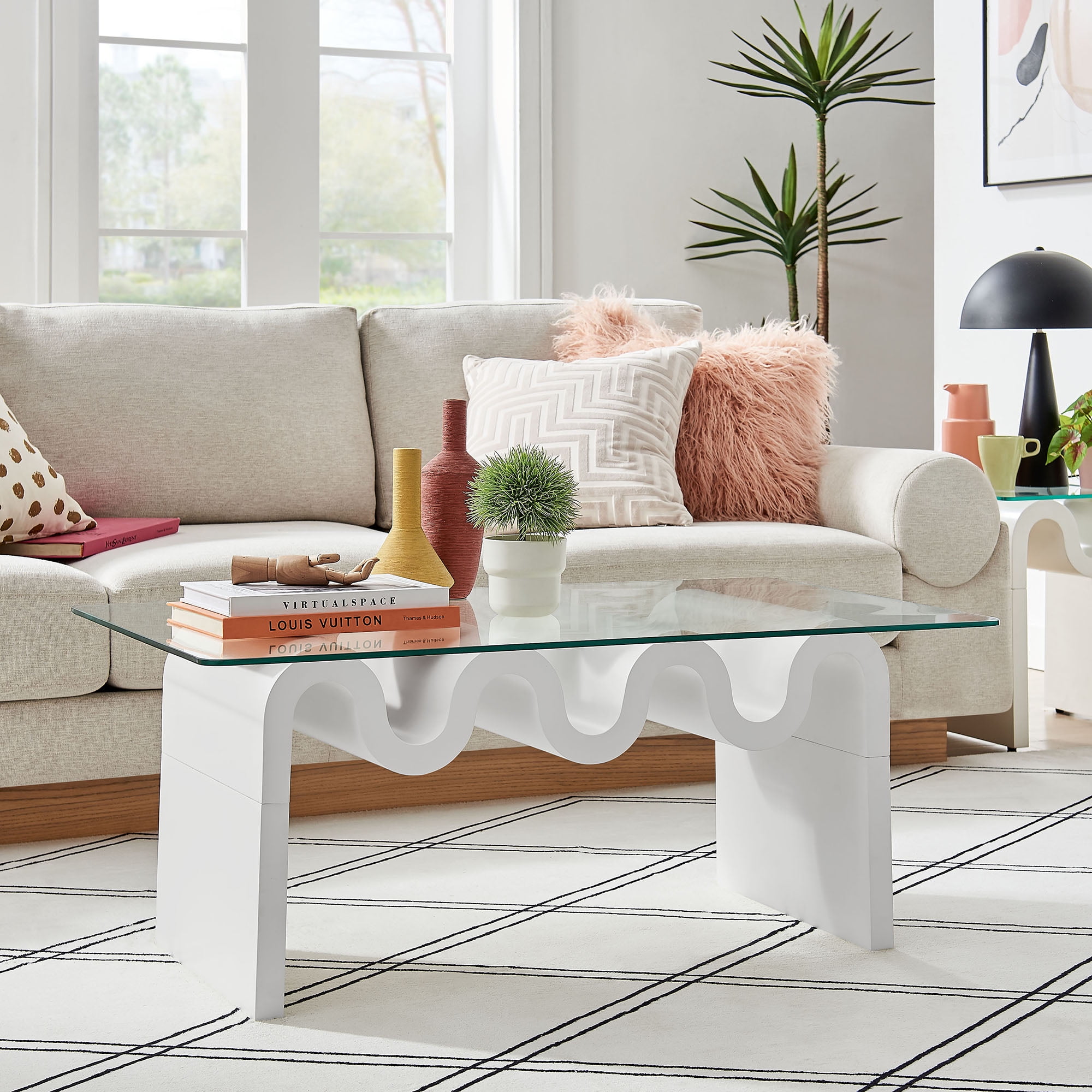 Ondine White Glass and Wood Wave Coffee Table