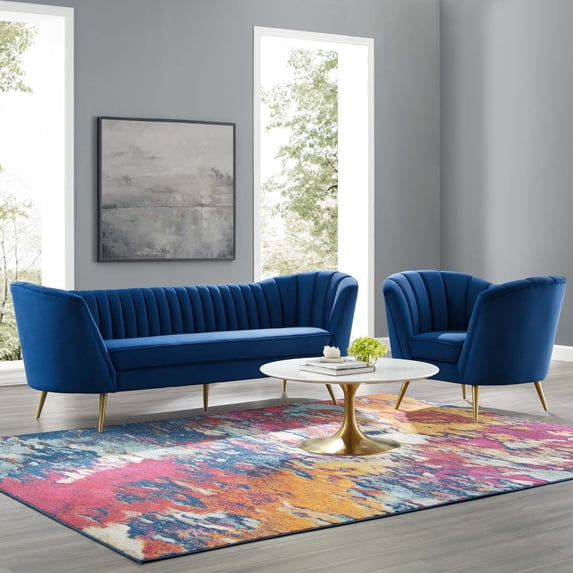 Modway Opportunity Performance Velvet Sofa and Armchair Set in Navy
