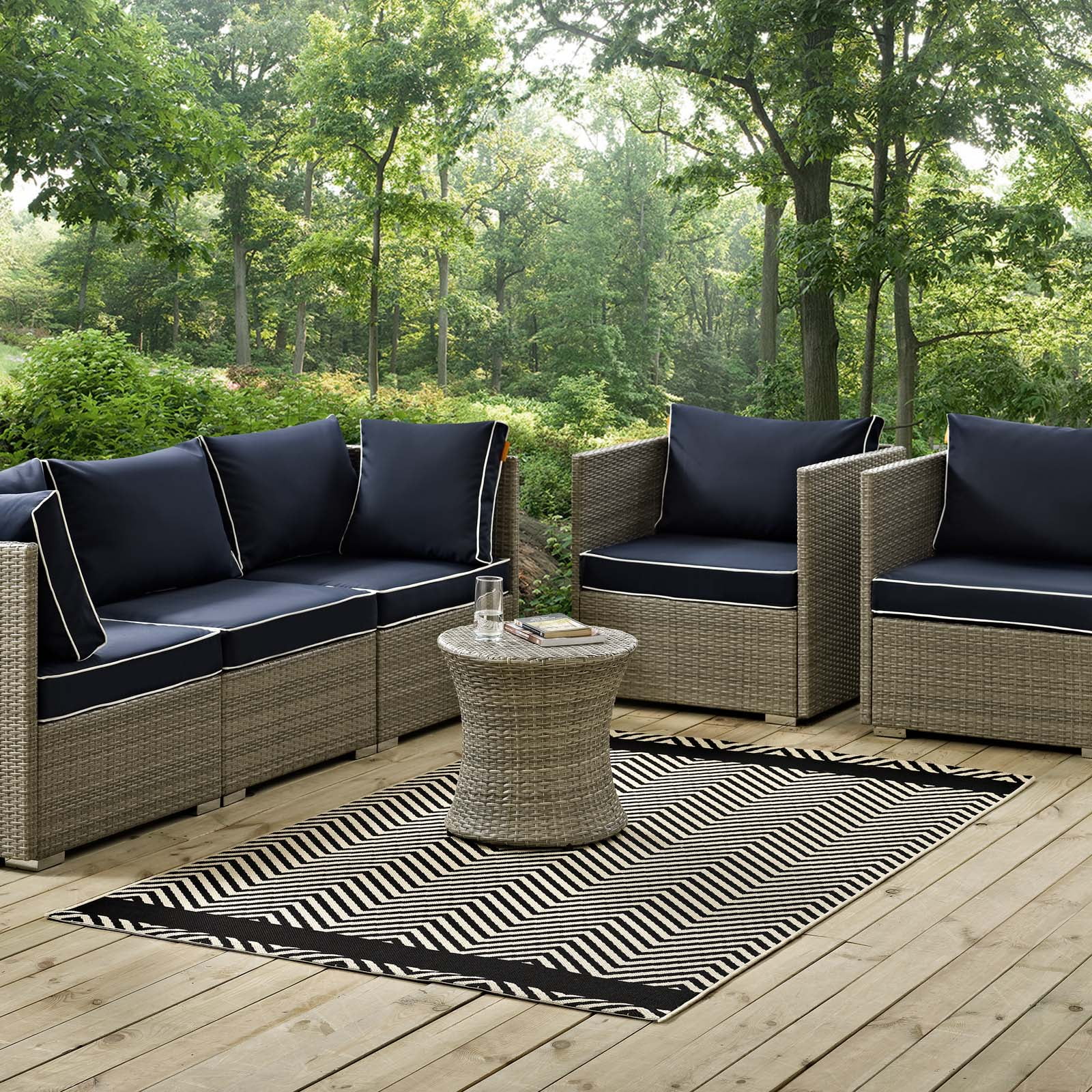 Modway Optica Chevron With End Borders 8x10 Indoor and Outdoor Area Rug in Black and Beige