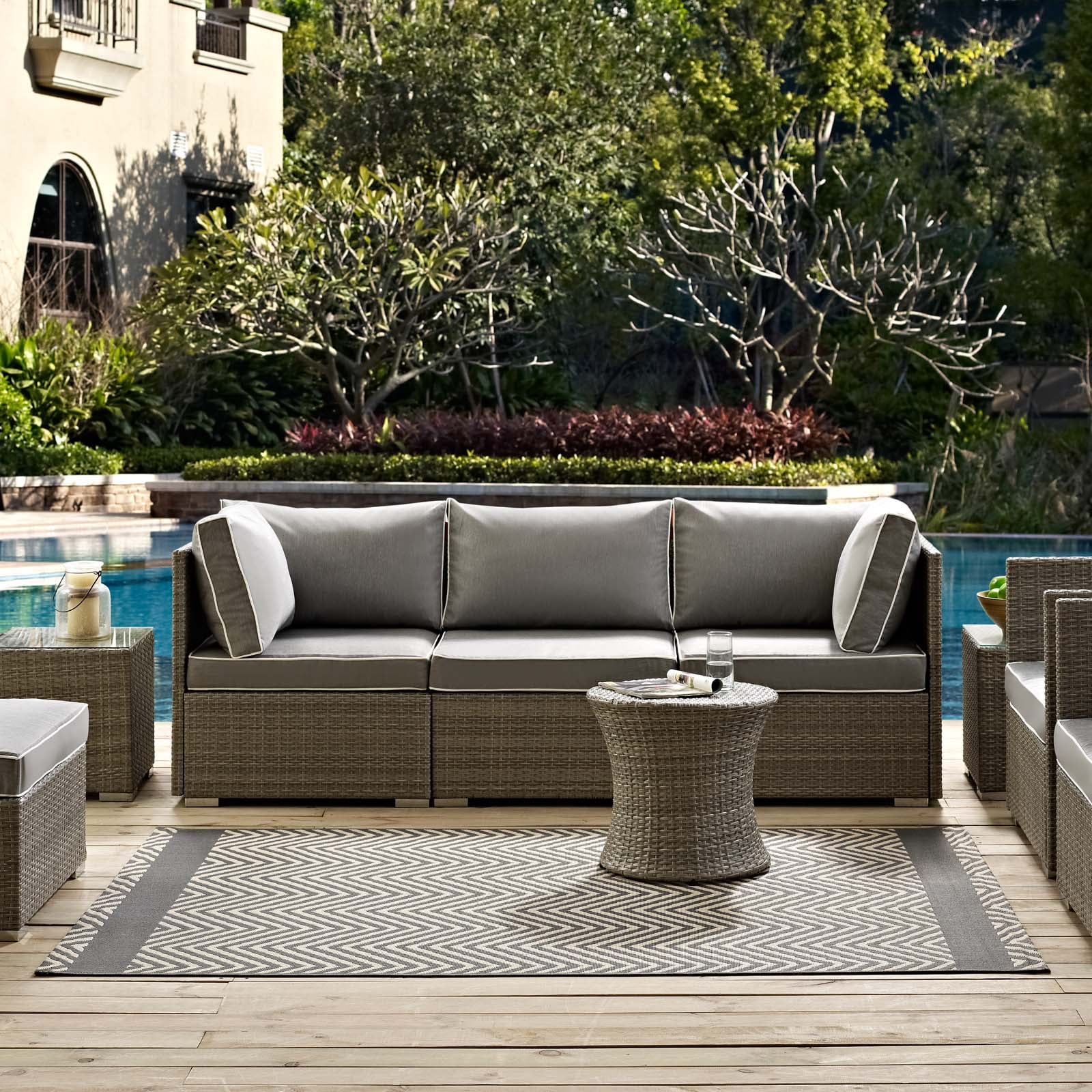 Modway Optica Chevron With End Borders 8x10 Indoor and Outdoor Area Rug in Gray and Beige