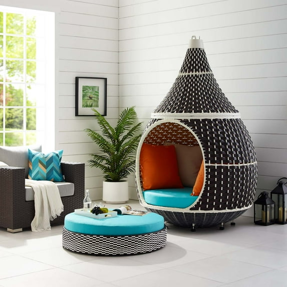 Modway Wicker Rattan Outdoor Patio Swing Lounge Pod & Cushions in Brown Turquoise Fabric