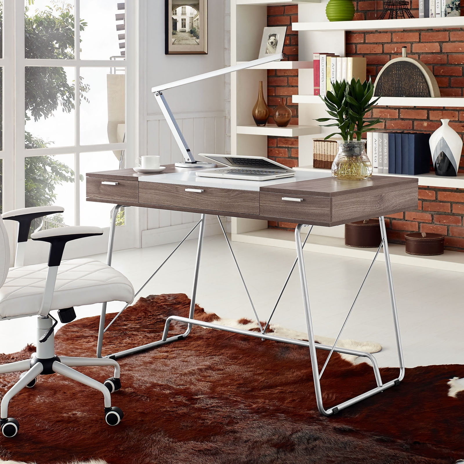 Birch and White Dual-Tone Office Desk with Storage Drawers