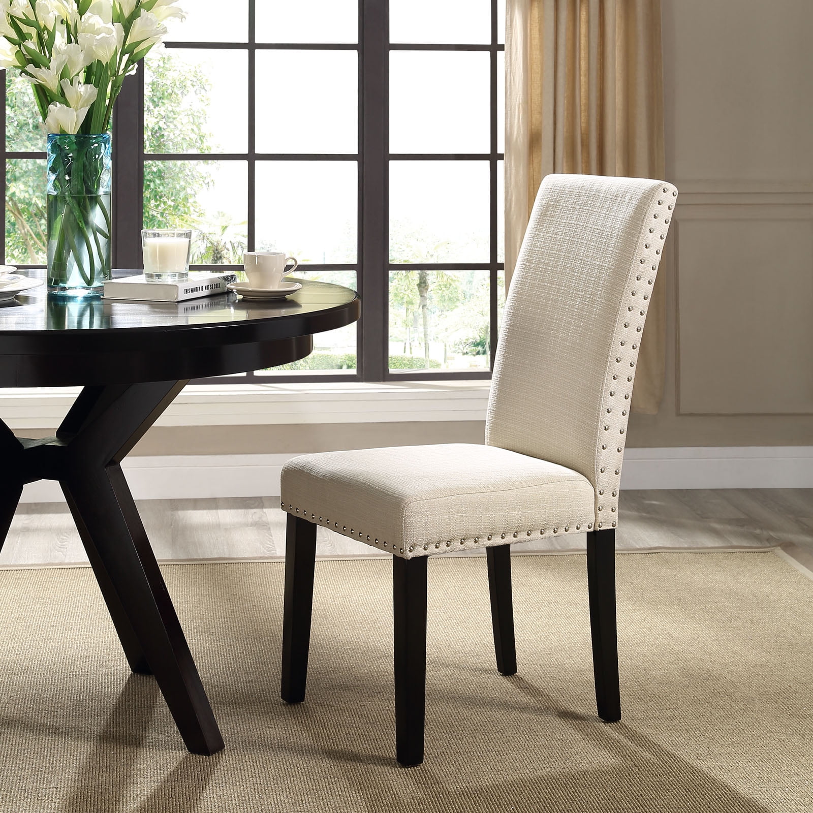 Beige Upholstered Parsons Side Chair with Nailhead Trim