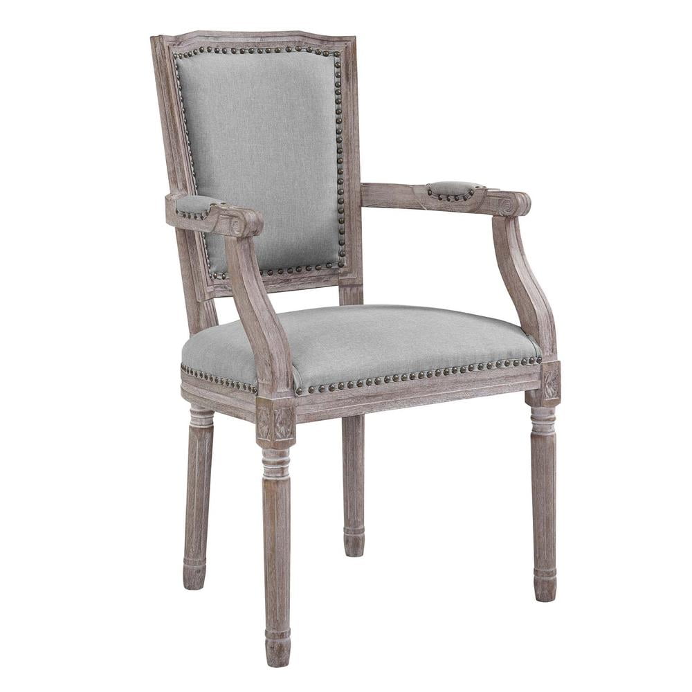 Elegant Vintage French Light Gray Upholstered Wood Armchair