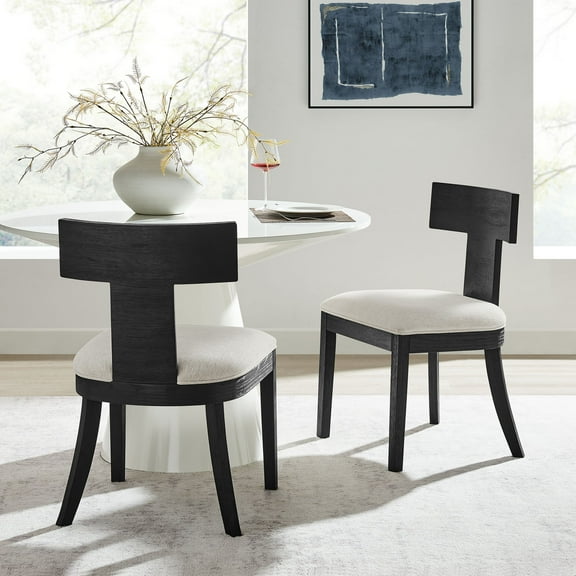 Modway Peregrine Wood and Fabric Upholstered Dining ChairsSet of 2 in Black Heathered Weave Ivory