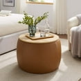 thumbnail image 1 of Perla Round Vegan Leather Storage Ottoman in Tan, 1 of 9