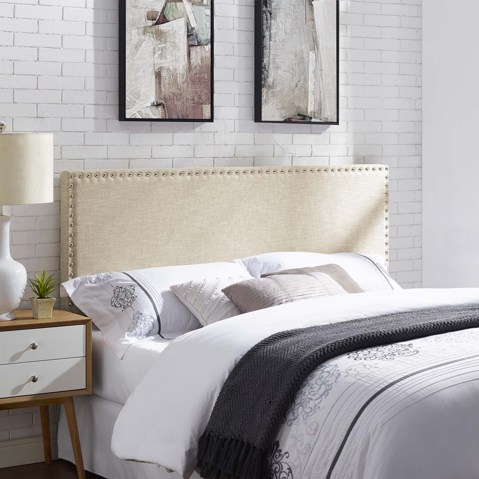 Modway Phoebe Queen Upholstered Polyester Fabric Headboard in Beige