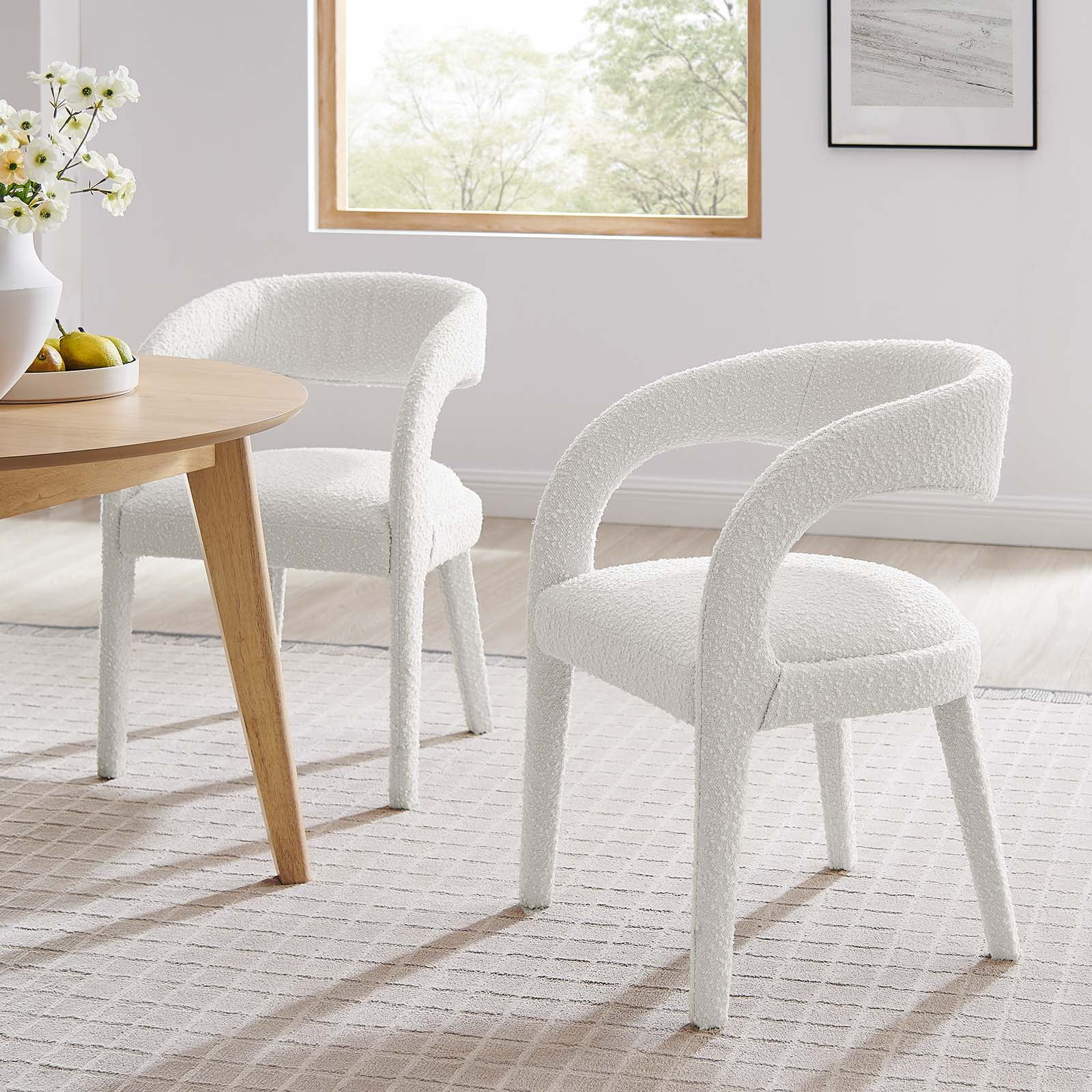 Ivory Boucle Upholstered Low Back Dining Chair Set