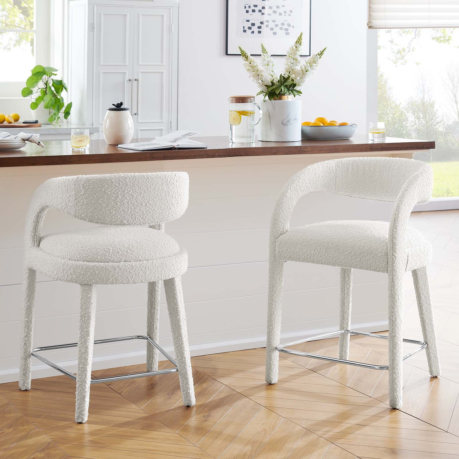 Ivory Boucle Upholstered Counter Stools with Curved Backrest, Set of Two
