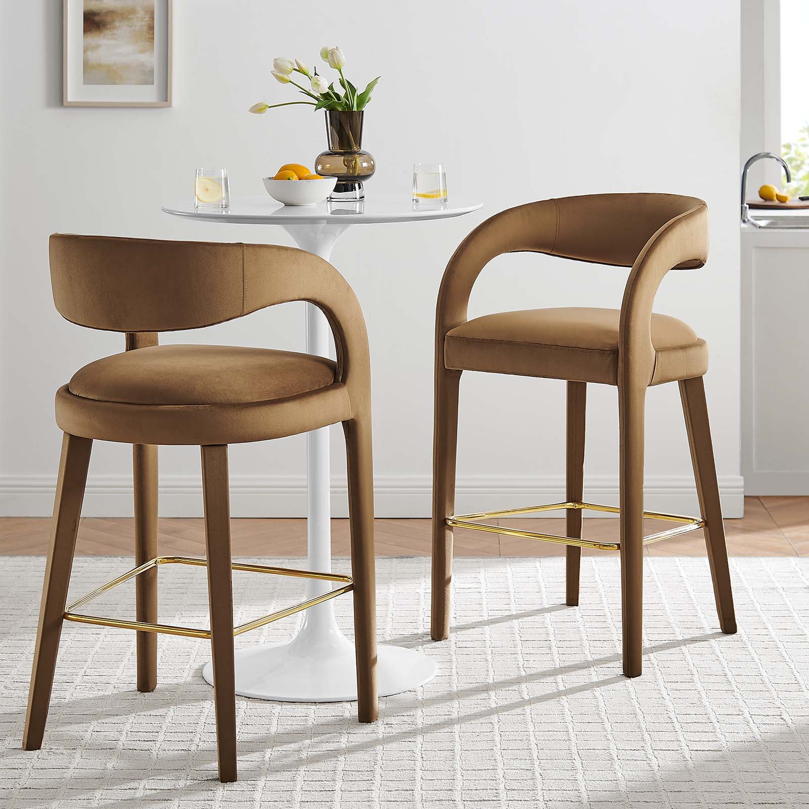 Pinnacle Brown Gold Velvet Bar Stools with Curved Backrest, Set of 2
