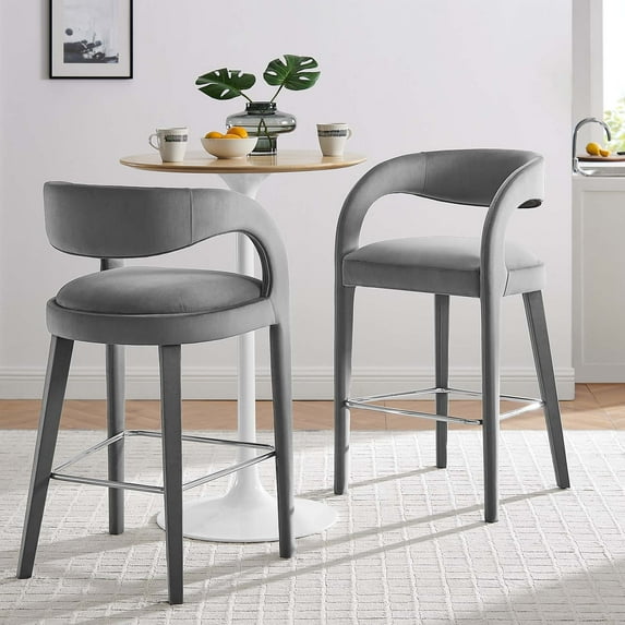 Modway Pinnacle 30" Upholstered Fabric Bar Stool in Gray/Silver (Set of 2)