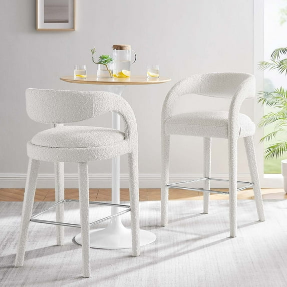 Modway Pinnacle Boucle Upholstered Bar Stool Set of Two in Ivory Silver