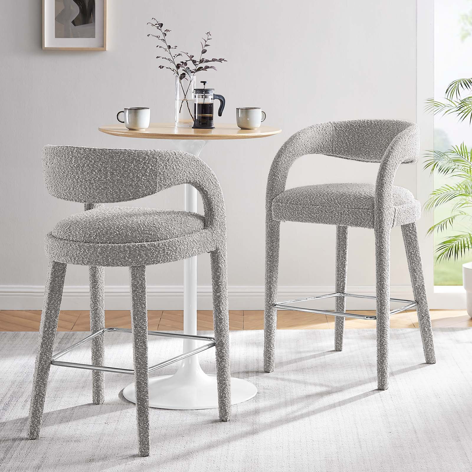 Taupe Silver Boucle Upholstered Bar Stools with Metal Legs, Set of Two