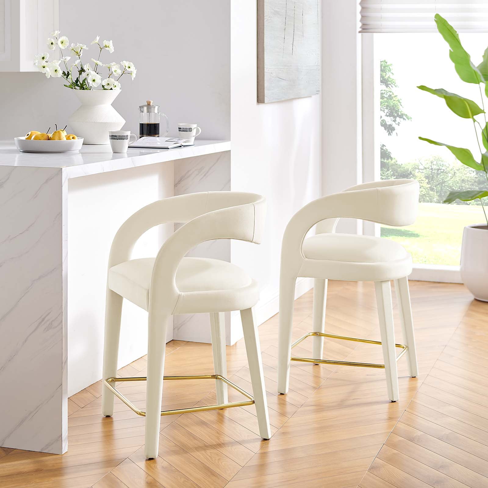 Ivory Gold Velvet Upholstered Counter Stools with Metal Footrest, Set of Two
