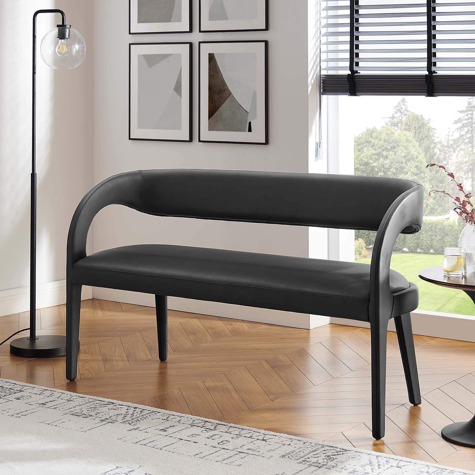 Pinnacle Black Vegan Leather Curved Back Accent Bench