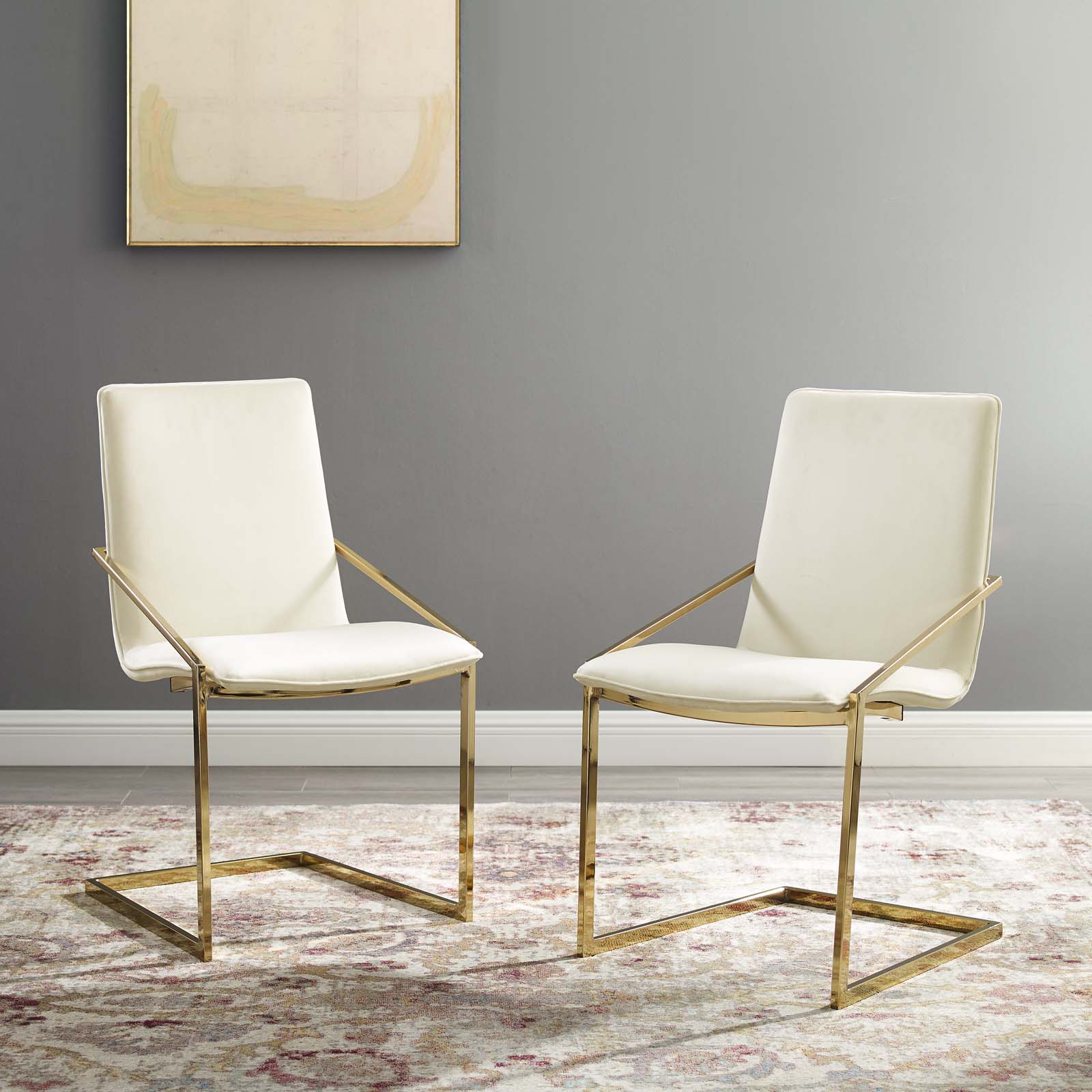 Modway Pitch Dining Armchair Performance Velvet Set of 2 in Gold Ivory