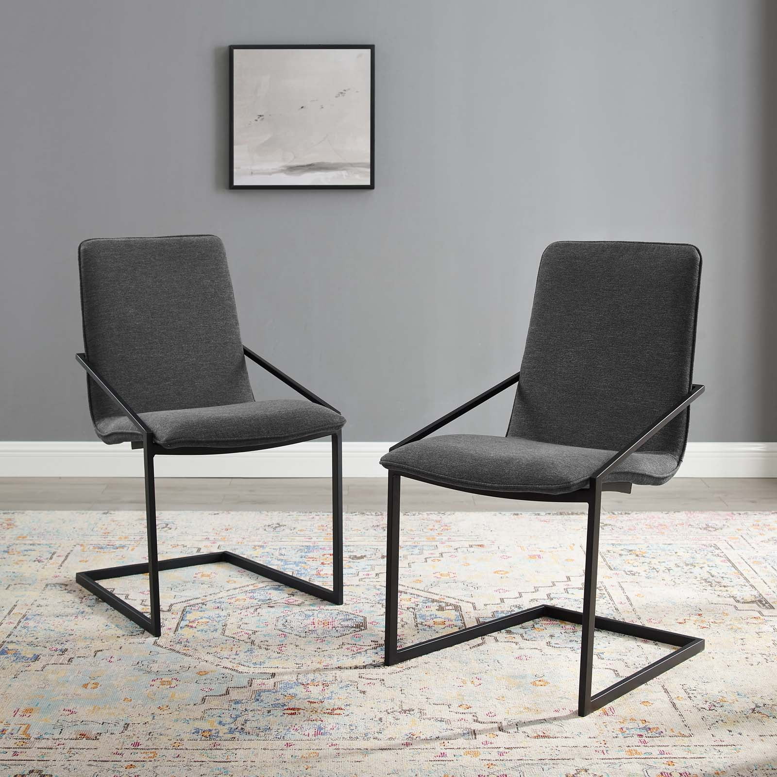 Modway Pitch Dining Armchair Upholstered Fabric Set of 2 in Black