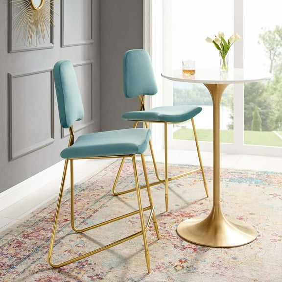 Modway Ponder Bar Stool Performance Velvet Set of 2 in Sea Blue