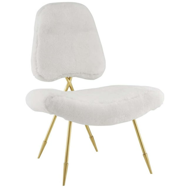 Modway Ponder Sheepskin Fur & Stainless Steel Lounge Chair in White and Gold