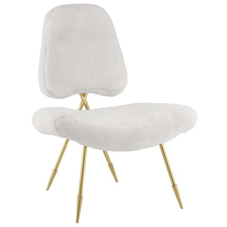 Modway Ponder Sheepskin Fur & Stainless Steel Lounge Chair in White and Gold