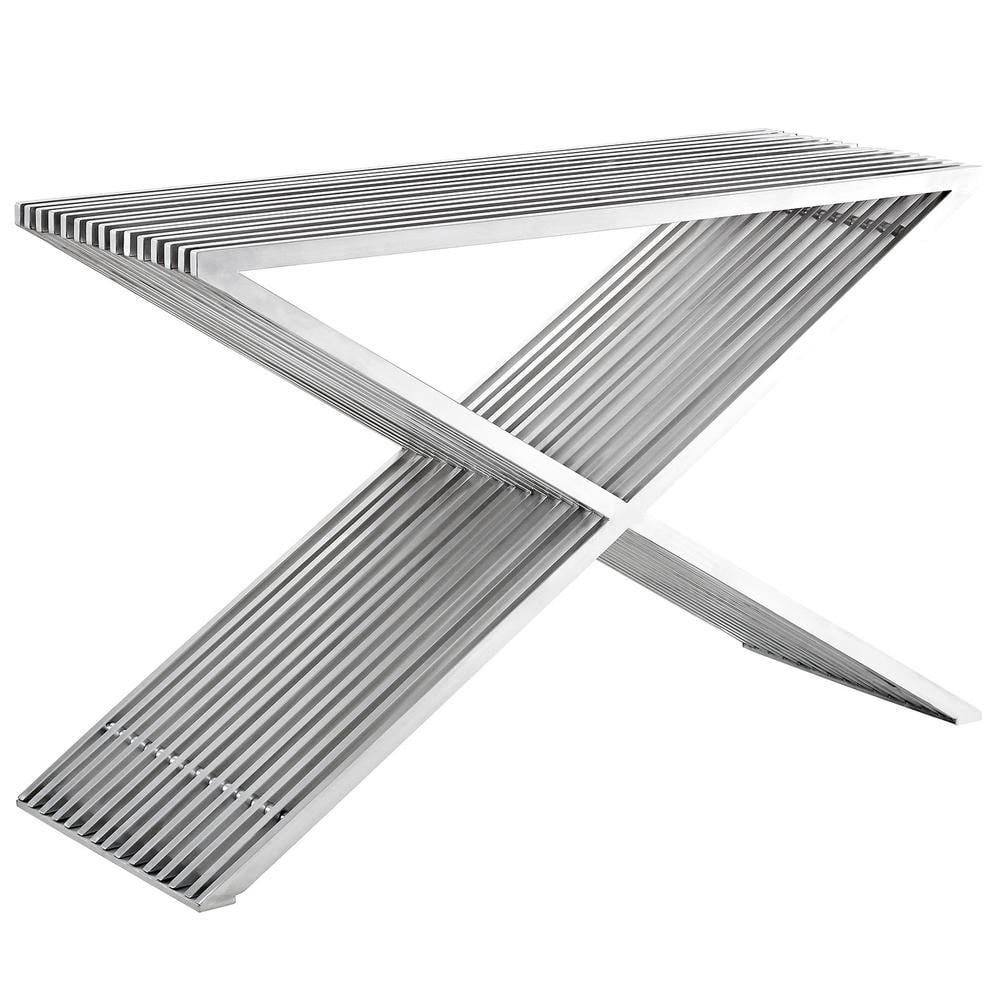 Silver Stainless Steel X-Base Contemporary Console Table