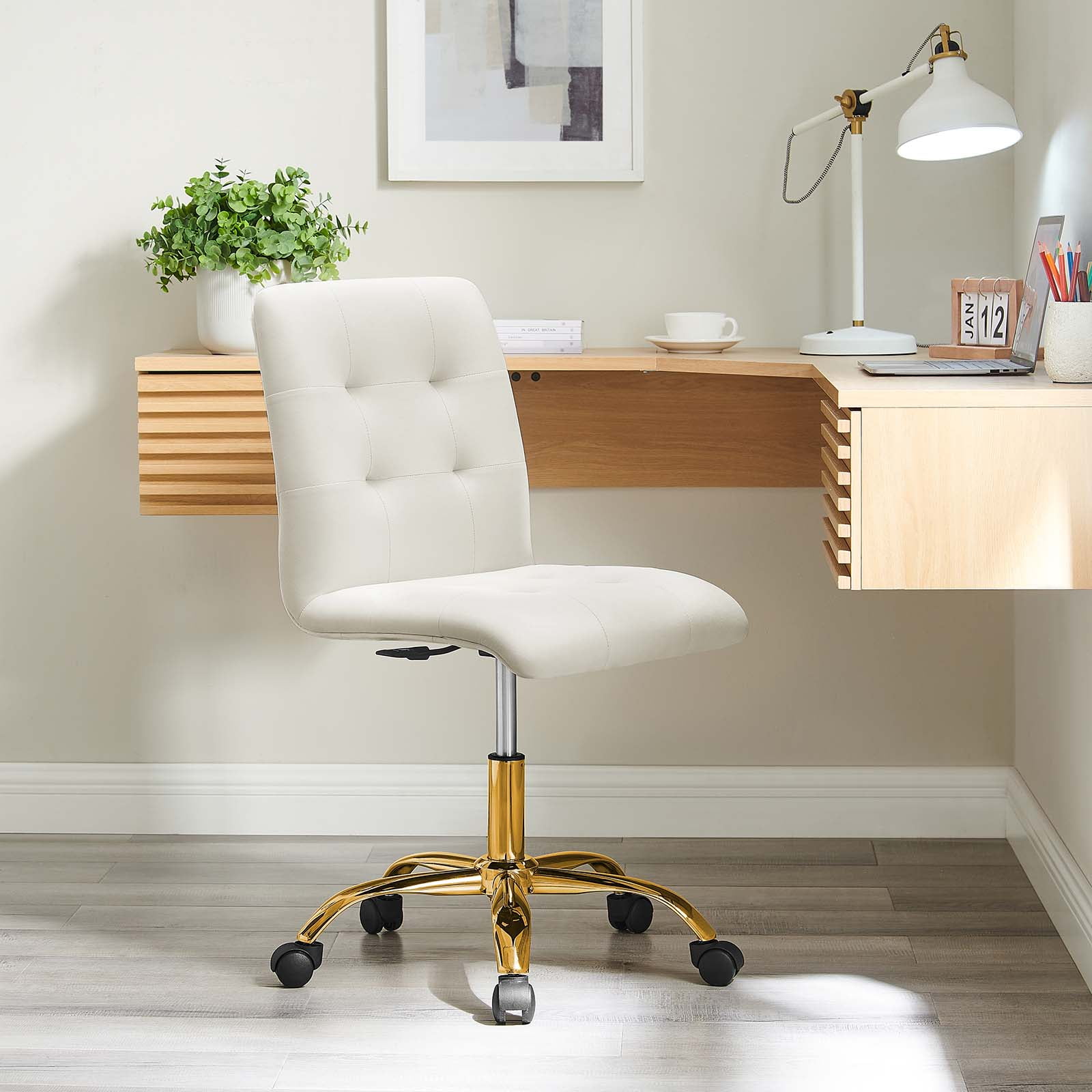 Modway Prim Armless Performance Velvet Office Chair in Gold Ivory