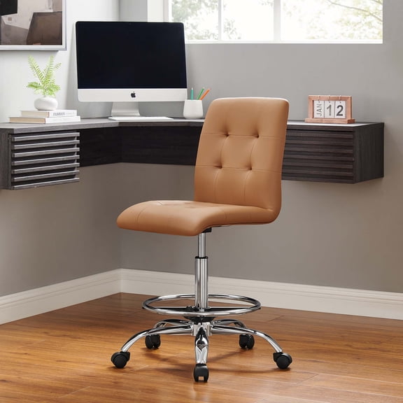 Modway Prim Armless Vegan Leather Drafting Chair in Silver Tan