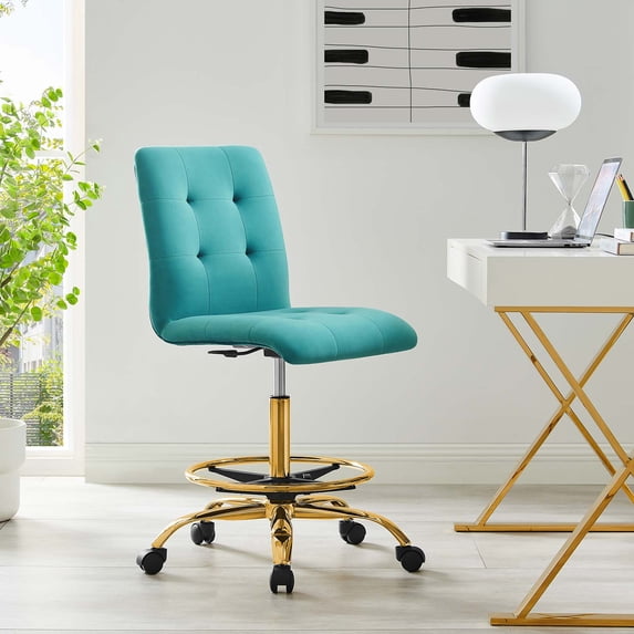 Modway Prim Metal and Performance Velvet Armless Drafting Chair in Gold/Teal