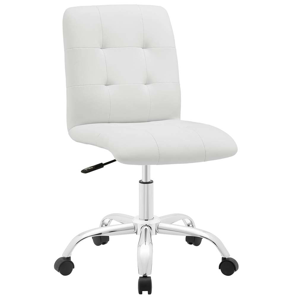 White Faux Leather Armless Swivel Office Chair with Chrome Base