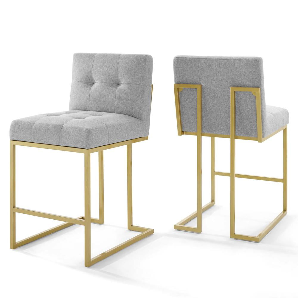 Gold Light Gray Upholstered Fabric Counter Stools with Stainless Steel Base, Set of 2