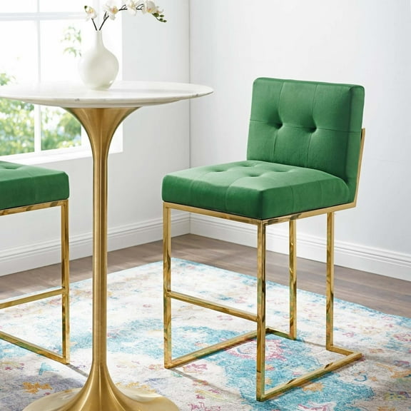 Modway Privy Gold Stainless Steel Performance Velvet Bar Stool in Gold Emerald