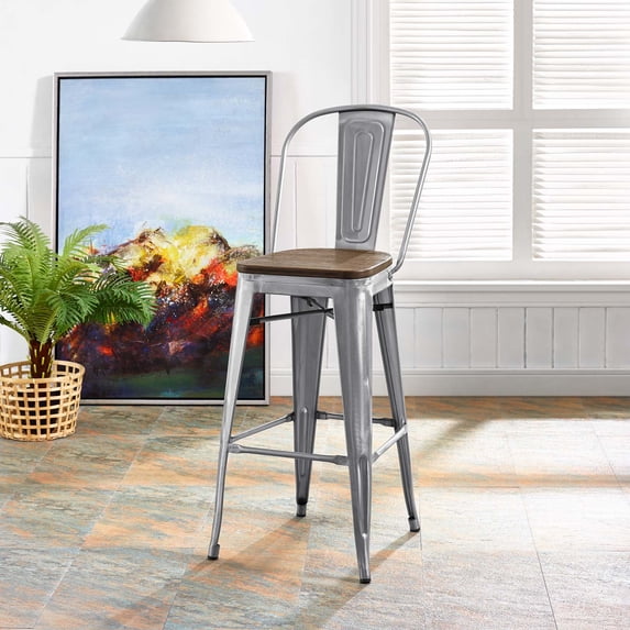 Modway Promenade 30" Modern Metal & Bamboo Bar Stool in Gunmetal