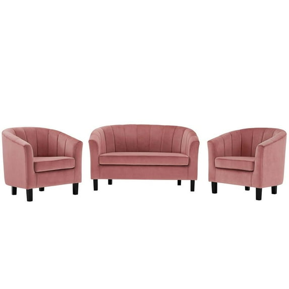 Modway Prospect Channel Tufted 3 Piece Performance Velvet Set in Dusty Rose