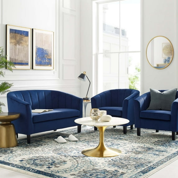 Modway Prospect Channel Tufted 3 Piece Performance Velvet Set in Navy