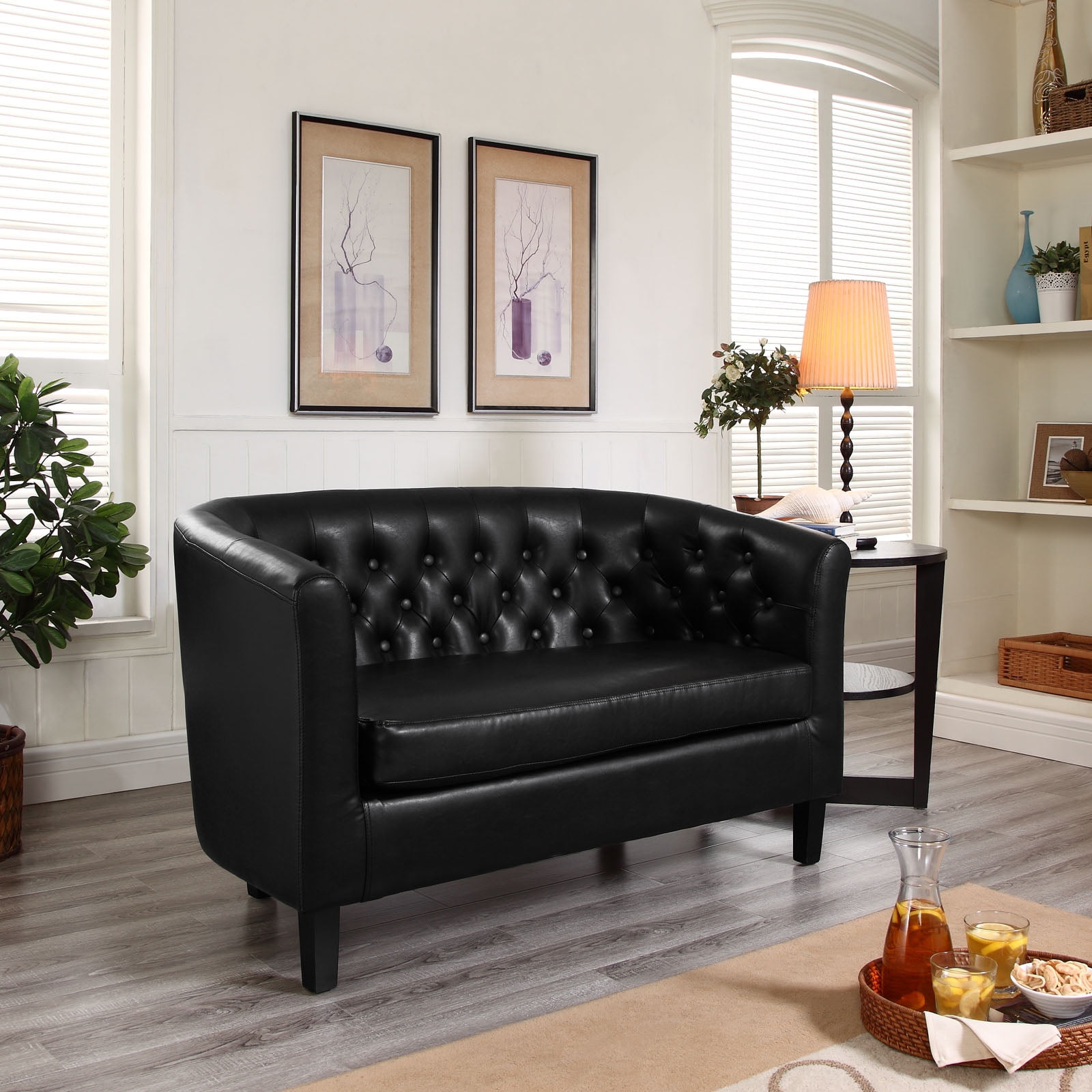 Classic Chesterfield Black Faux Leather Tufted Loveseat with Wood Legs