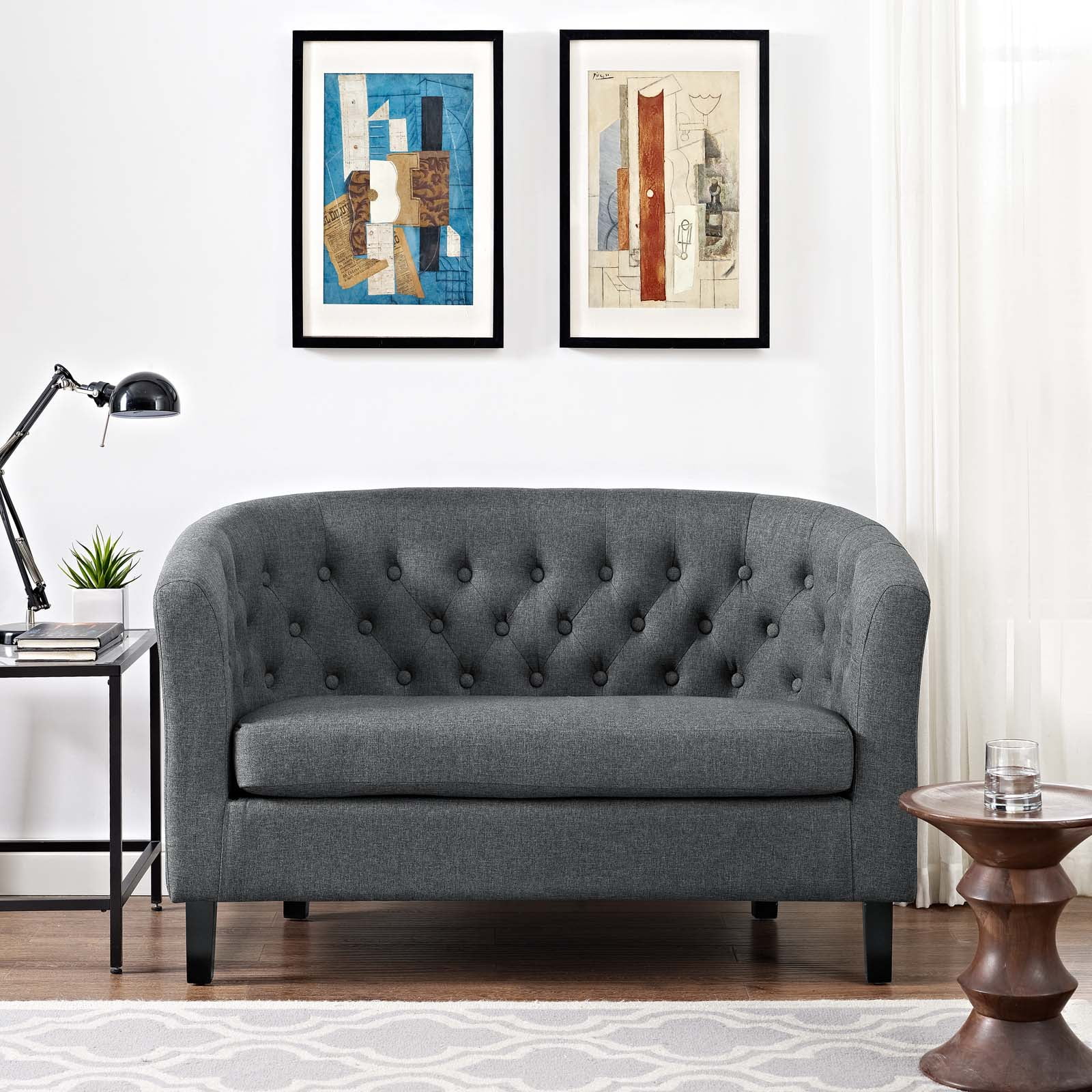 Chesterfield Gray Faux Leather Tufted Loveseat with Solid Wood Legs