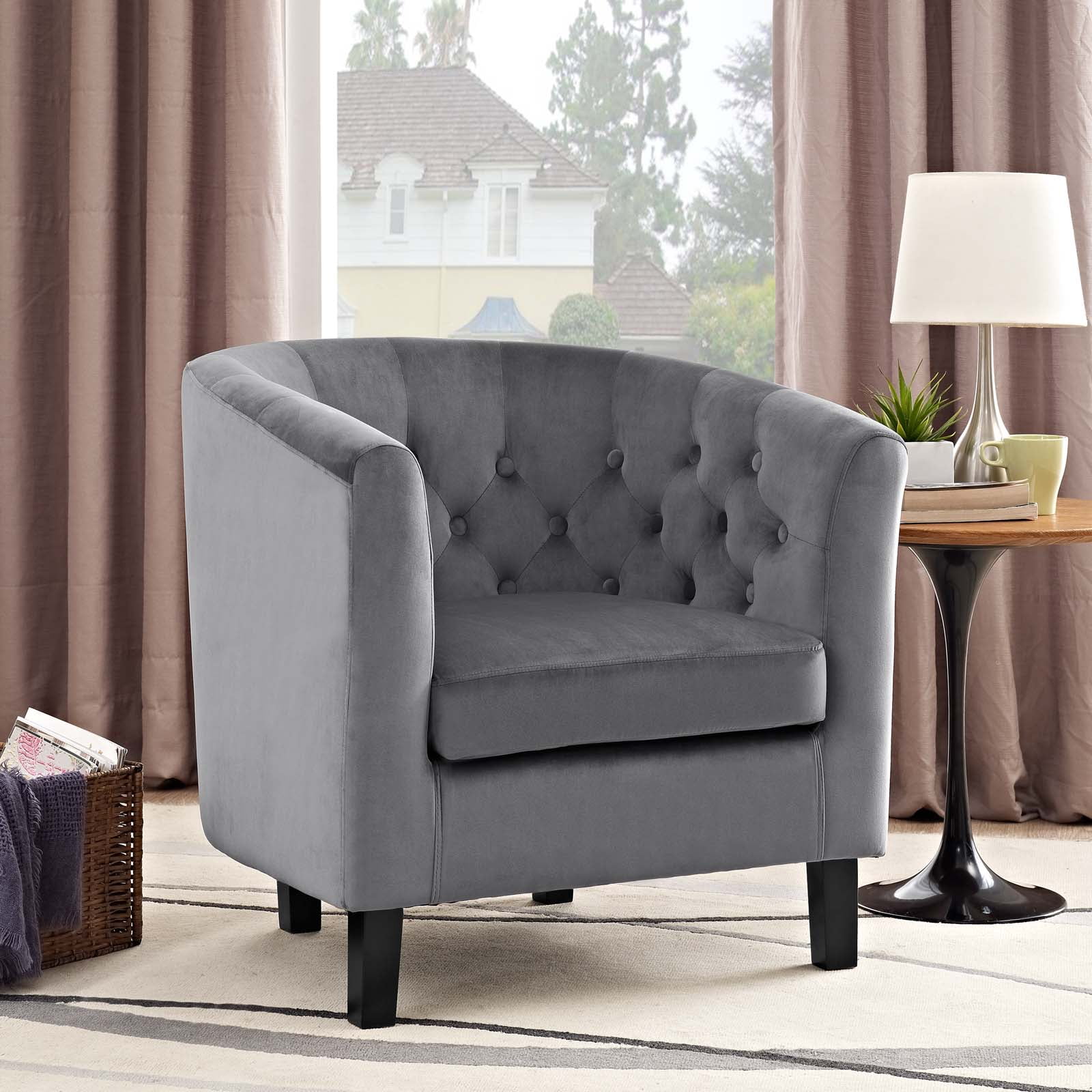 Gray Velvet Barrel Armchair with Button Tufting