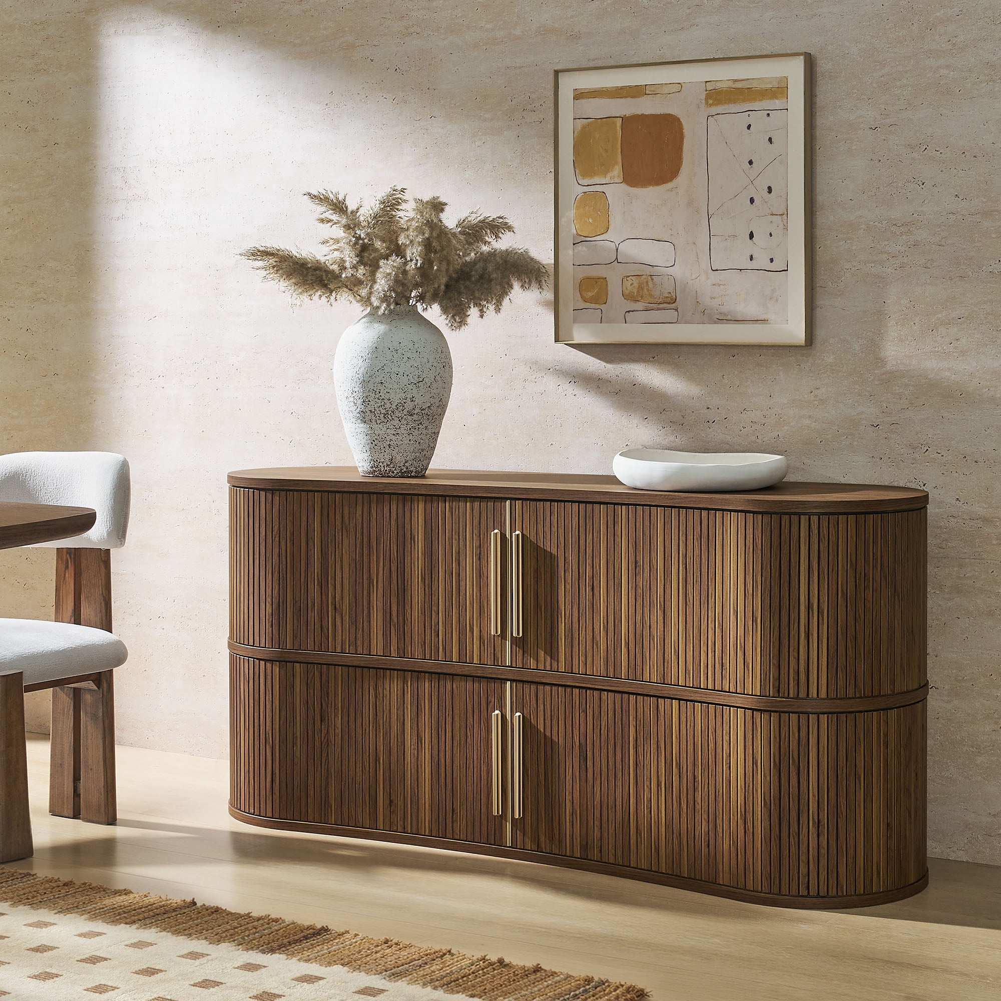 Modway Radcliffe 63" Curved Fluted Sideboard Buffet Cabinet in Walnut