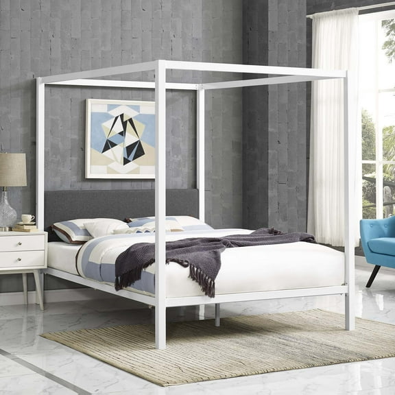 Modway Raina Queen Canopy Bed Frame in White Gray