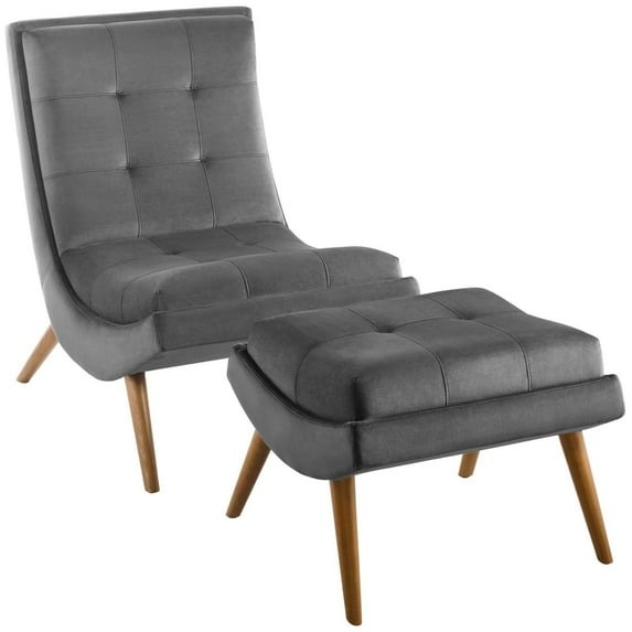 Ramp Upholstered Performance Velvet Lounge Chair and Ottoman Set Gray