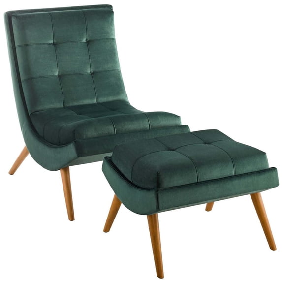 Modway Ramp Upholstered Performance Velvet Lounge Chair and Ottoman Set in Green