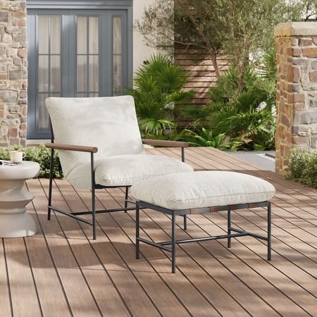 Modway Raya Outdoor Patio Boucle Lounge Chair and Ottoman in Ivory