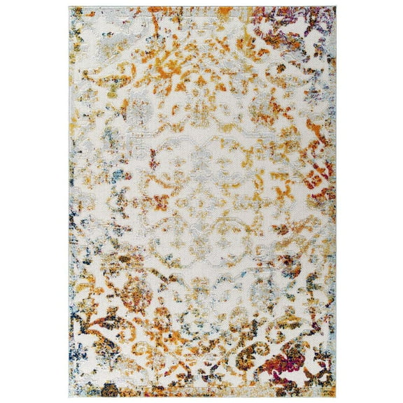 Modway Reflect Primrose Ornate Floral Lattice 8x10 Indoor/Outdoor Area Rug in Ivory,Light Blue,Multicolored