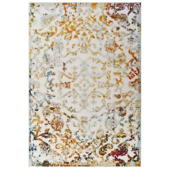 Modway Reflect 94.5x122" Primrose Ornate Floral Lattice Rug in Ivory/Light Blue